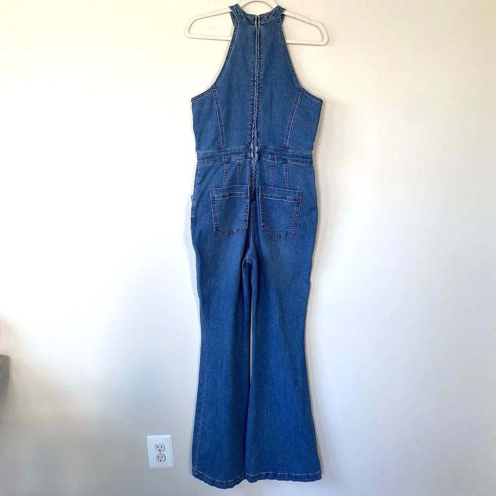Free People We The Free CRVY Sydney Denim Jumpsuit SIZE 12 Stretch Boho Festival